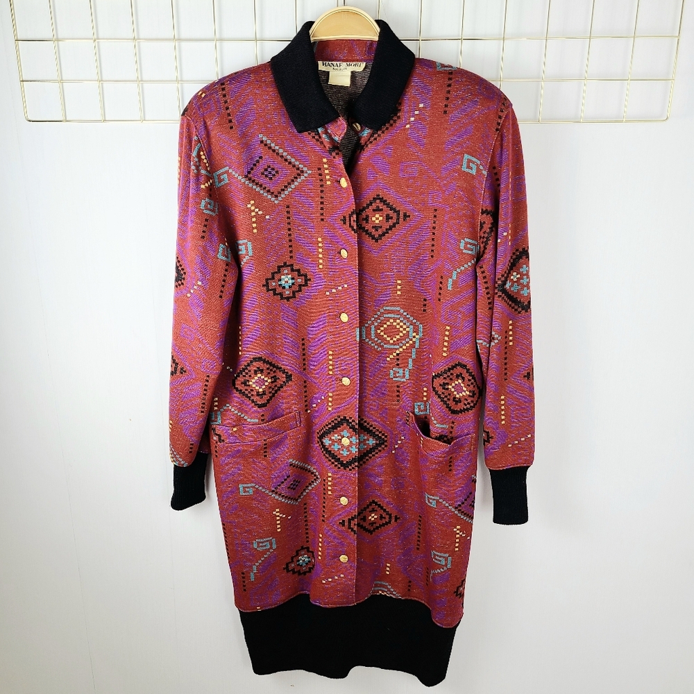 Hanae Mori Boutique Graphic Print 1980s Vintage Long Sleeve Blouson Knit Dress
